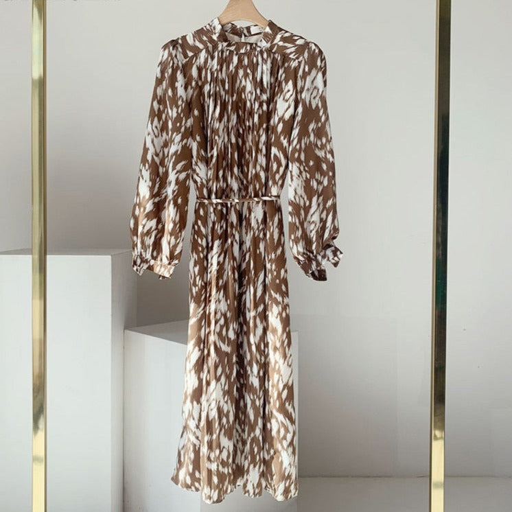 Full Sleeve Dress Elegant Hit Color Female Lace-up Printed Midi Dress Vestidos - MERGE.DAY.1.FREESTYLE