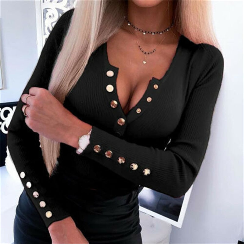 Knitted T-Shirts V-Neck Button Decor Long Sleeve Solid Color Office Lady Slim Pullovers Top - MERGE.DAY.1.FREESTYLE