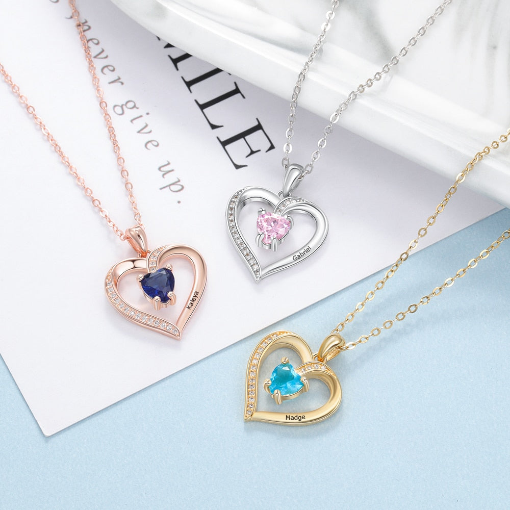Engrave Name Heart Pendants with Customize Birthstone Necklace - MERGE.DAY.1.FREESTYLE
