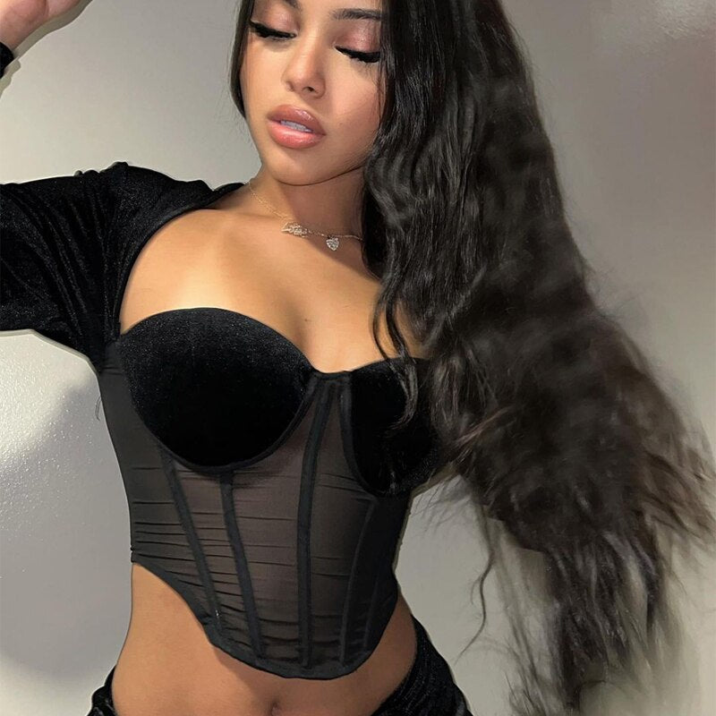 Velvet Mesh Long Sleeve Corset Out Crop Top Ruched Mini Dress 2 Pcs Set Bodycon - MERGE.DAY.1.FREESTYLE