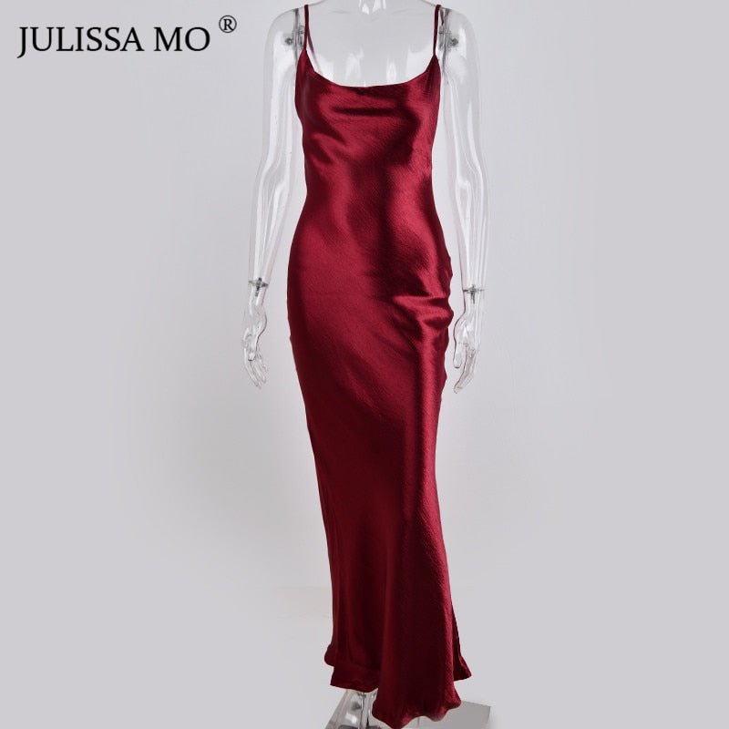 Spaghetti Strap Backless Summer Dress Women Satin Lace Up Trumpet Long Bodycon Dresses - MERGE.DAY.1.FREESTYLE