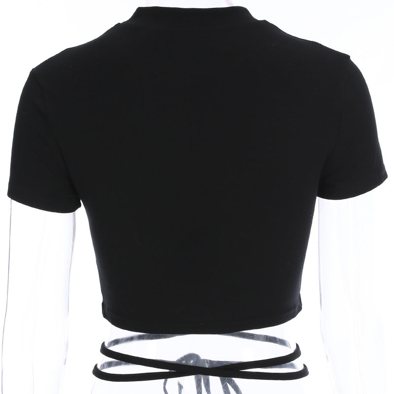 Summer Women Black Short T-Shirts Sexy Crop Tops Short Sleeve Bandage Tee Tops Female Shirts - MERGE.DAY.1.FREESTYLE