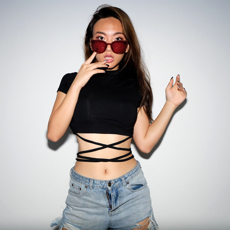 Summer Women Black Short T-Shirts Sexy Crop Tops Short Sleeve Bandage Tee Tops Female Shirts - MERGE.DAY.1.FREESTYLE