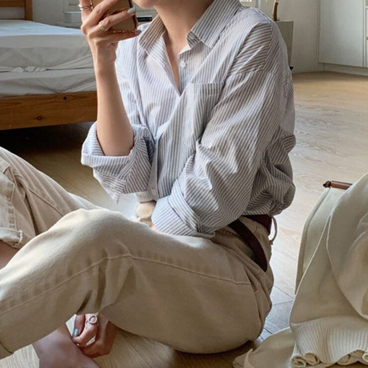 Striped Blouses Turn-down Collar Long Sleeve Loose Female Shirts Casual Tops - MERGE.DAY.1.FREESTYLE