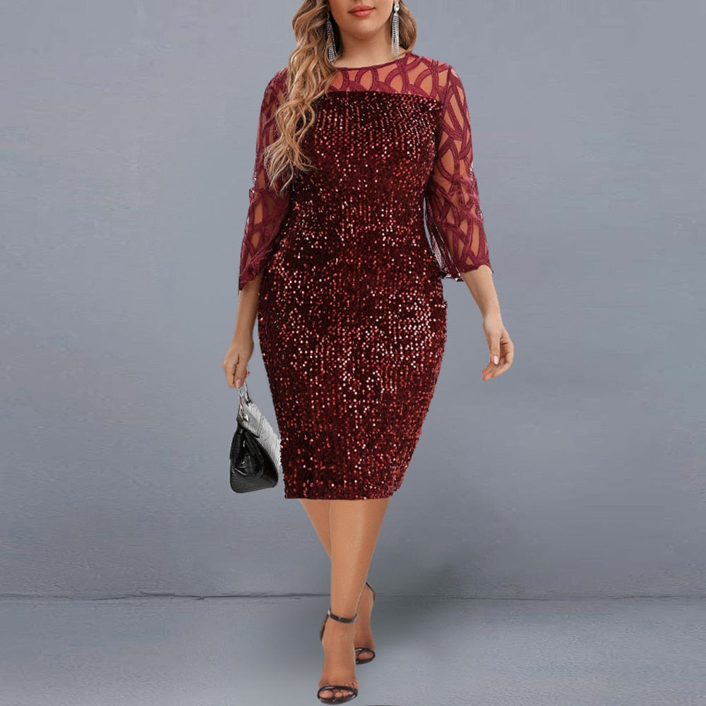 Elegant Sequin Evening Party Dresses 2022 Spring Mesh Patchwork Casual Midi Dress - MERGE.DAY.1.FREESTYLE