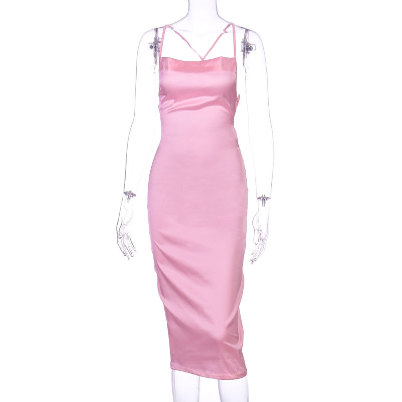 neon satin lace up 2022 summer women bodycon long midi dress sleeveless backless elegant party - MERGE.DAY.1.FREESTYLE
