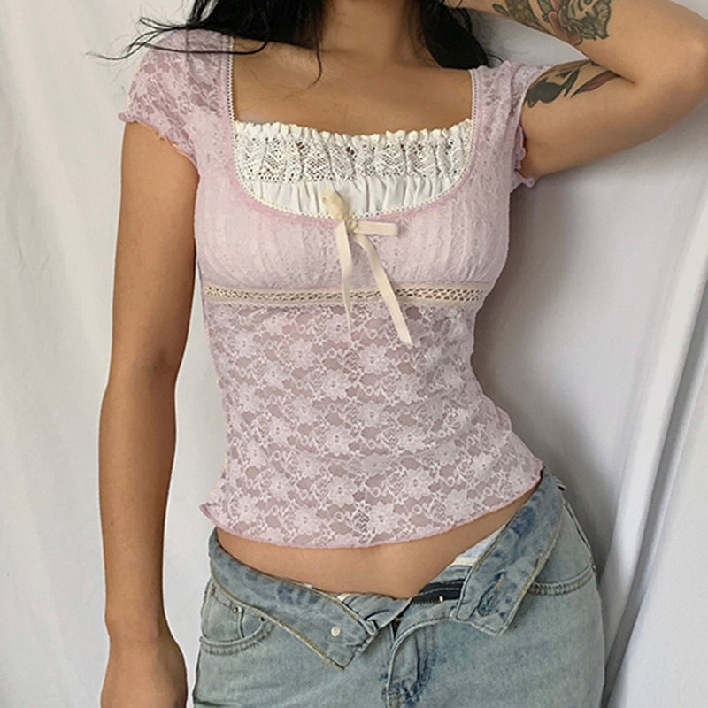 Trim Crop Top Bow Cute Sweet T Shirt Women Retro Short Sleeve Lace Patched Tshirt - MERGE.DAY.1.FREESTYLE