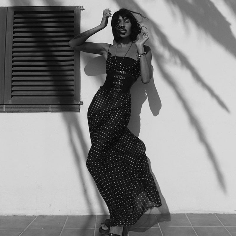 Sleeveless Zip Up Bandage Point Print Mesh See-Through Maxi Dress Sexy Clothings - MERGE.DAY.1.FREESTYLE