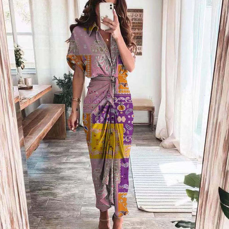 Vestido largo elegante de verano para mujer, de manga corta, con abertura, cuello tipo polo, botones y drapeado para fiesta