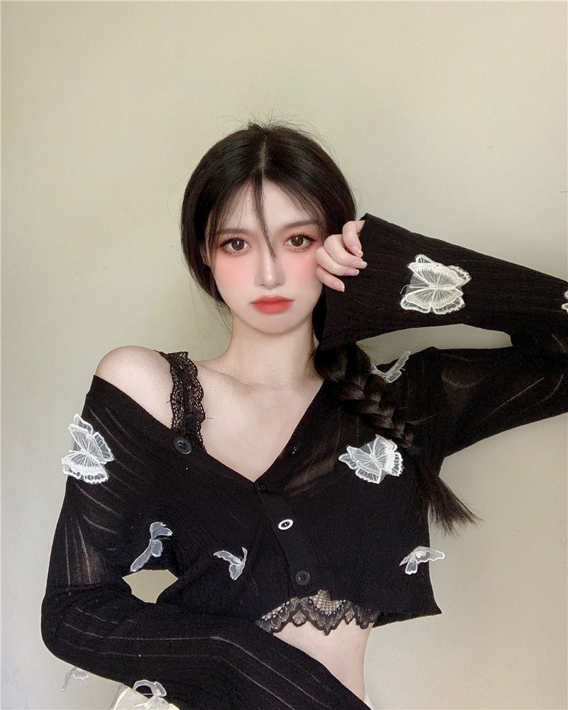 Butterfly Knit Cardigans Women V-Neck Crop Tops Ladies Summer Thin Long Sleeved - MERGE.DAY.1.FREESTYLE