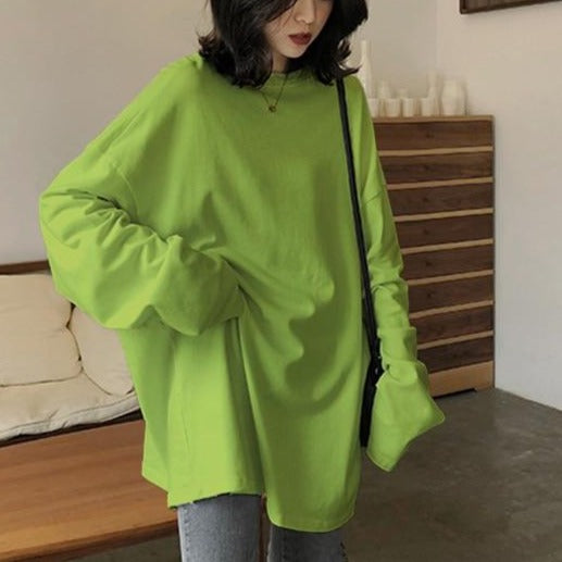 spring autumn Solid long Sleeve oversized tshirt harajuku long T Shirt Women kawaii T-shirts - MERGE.DAY.1.FREESTYLE