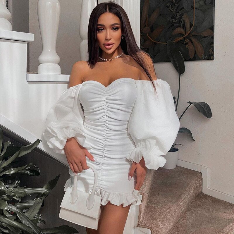 Off Shoulder Long Loose Flare Puff Sleeve Ruched Mini Dress - MERGE.DAY.1.FREESTYLE