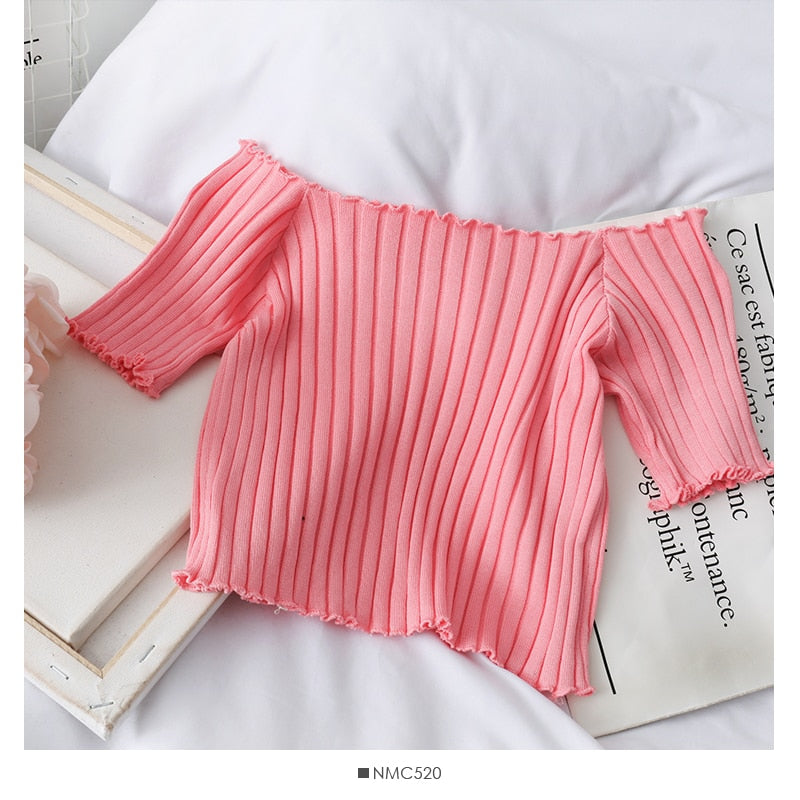 Women Off Shoulder T-shirts Knitted Ruffles Hem Crop Tops Short Sleeve T-shirts - MERGE.DAY.1.FREESTYLE