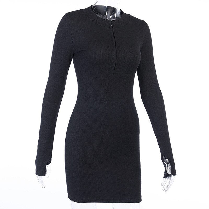 Bodycon Ribbed Dress Stand Collar Zipper Deep V-neck Solid Stretch Mini Vestido - MERGE.DAY.1.FREESTYLE