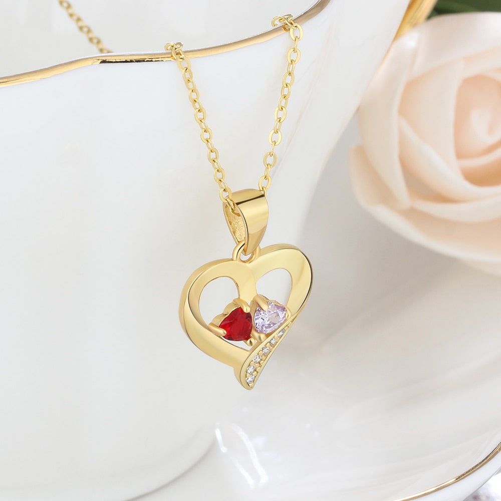 925 Sterling Silver Name Necklace with 2 Birthstones Custom Engraved Heart Pendant - MERGE.DAY.1.FREESTYLE