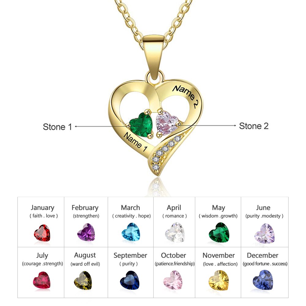 925 Sterling Silver Name Necklace with 2 Birthstones Custom Engraved Heart Pendant - MERGE.DAY.1.FREESTYLE