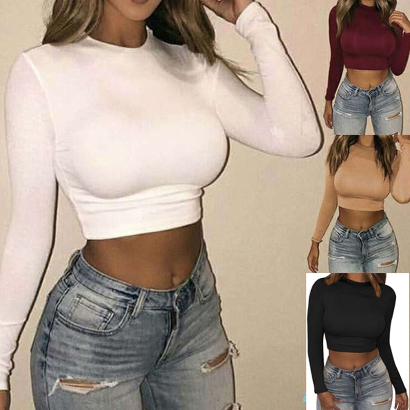 Women Sexy Bodycon T Shirt Long Sleeve O-neck Crop Top Modis Sheath T Shirt - MERGE.DAY.1.FREESTYLE