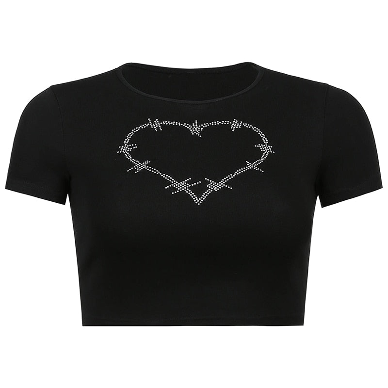 Punk Vintage Rhinestone Spider Goth Graphic T Shirt Women Y2k Style Crop Top O-neck Tshirt - MERGE.DAY.1.FREESTYLE