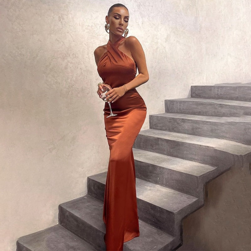 Solid Satin Halter Sleeveless Slim Bodycon Maxi Dress - MERGE.DAY.1.FREESTYLE
