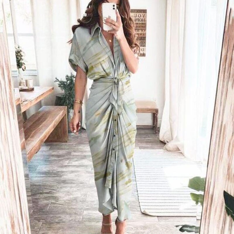 Women Summer Short Sleeve Slit Long Dress Turn-down Collar Elegant Button Draped Party Dresses - MERGE.DAY.1.FREESTYLE