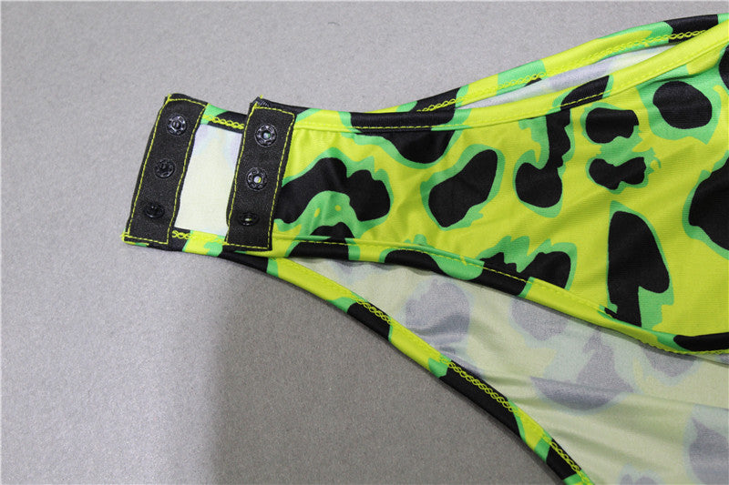 Women Long Sleeve Leopard Skin Prinetd Bodysuit Sexy Neon Green Streetwear Jumpsuit - MERGE.DAY.1.FREESTYLE