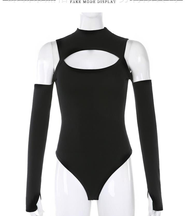 Women’s Long-sleeved Bodysuit Solid Color Hollow Off-shoulder Half High Collar Jumpsuit - MERGE.DAY.1.FREESTYLE