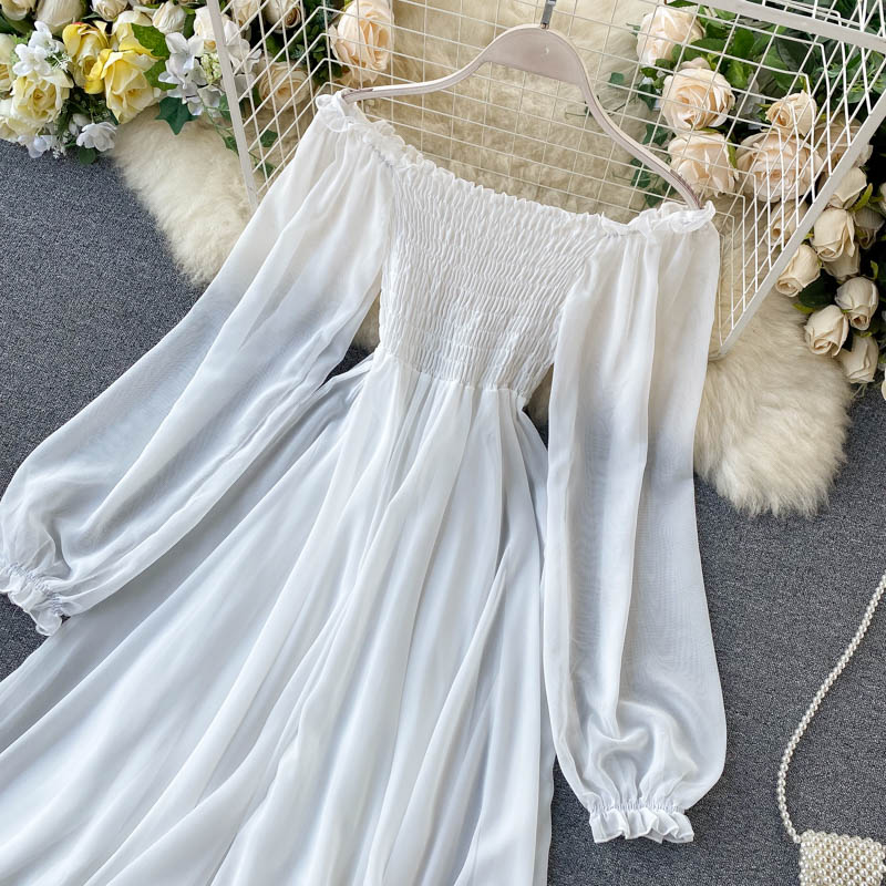 Holiday Puff Sleeve Slash Neck Off Shoulder Smocked White Chiffon Dresses - MERGE.DAY.1.FREESTYLE