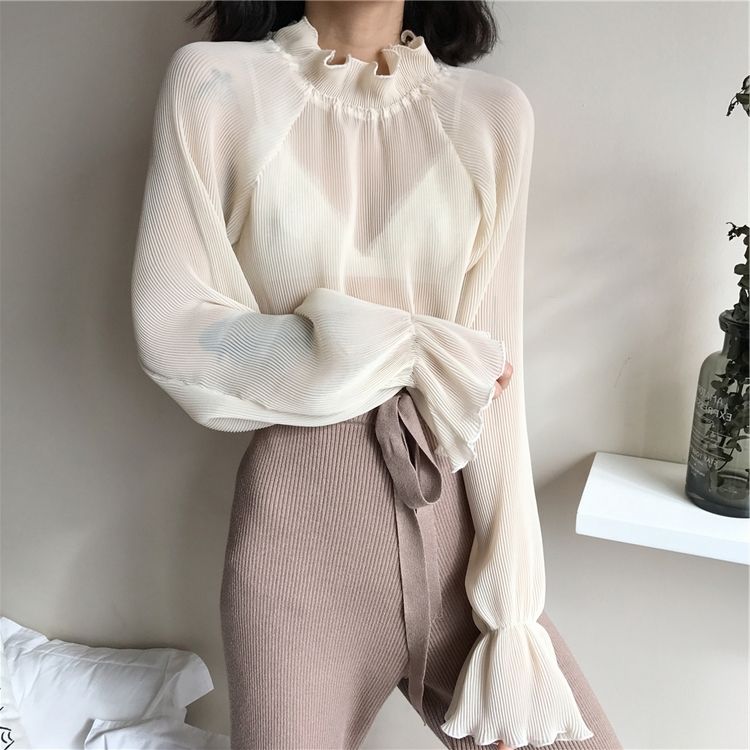 Chiffon Shirts Retro Elegant Ruffled Collar Lace Bottoming Shirt Women Lantern Sleeve Tops - MERGE.DAY.1.FREESTYLE