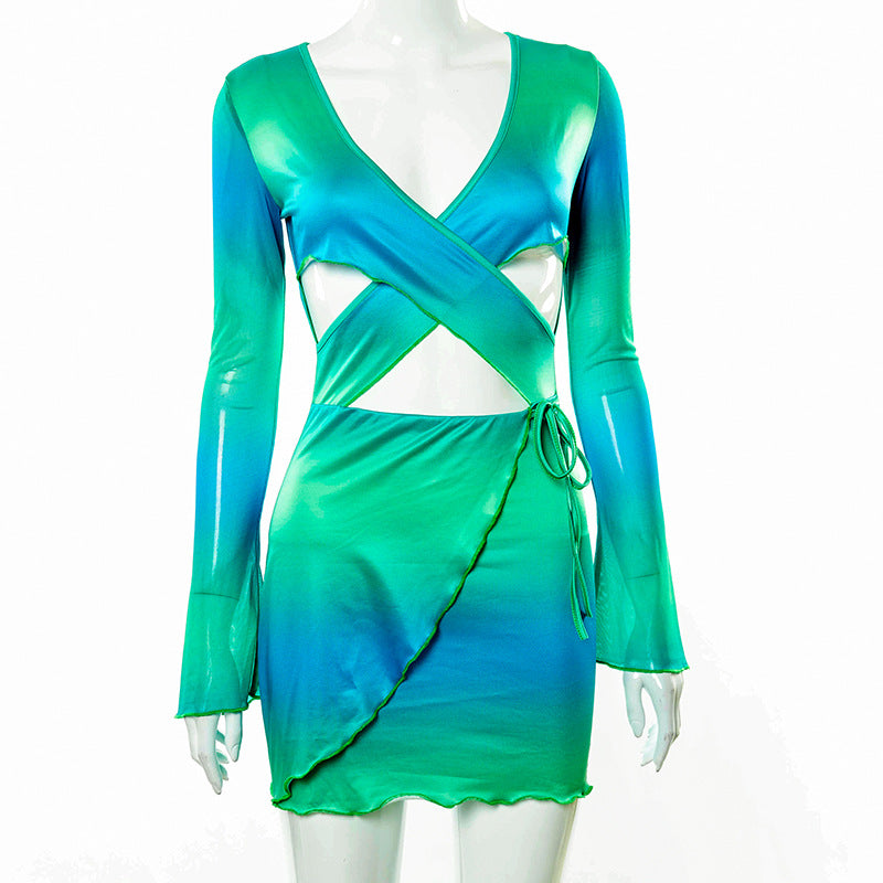 Sexy Tie Dye Bodycon Mini Dress Women Hollow Out Long Sleeve Mesh Skinny Summer 2022 - MERGE.DAY.1.FREESTYLE