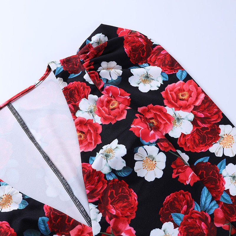Spring Elegant Boho Print Bodysuits Rompers Women Jumpsuits Puff Sleeve Skinny Sexy V-neck - MERGE.DAY.1.FREESTYLE