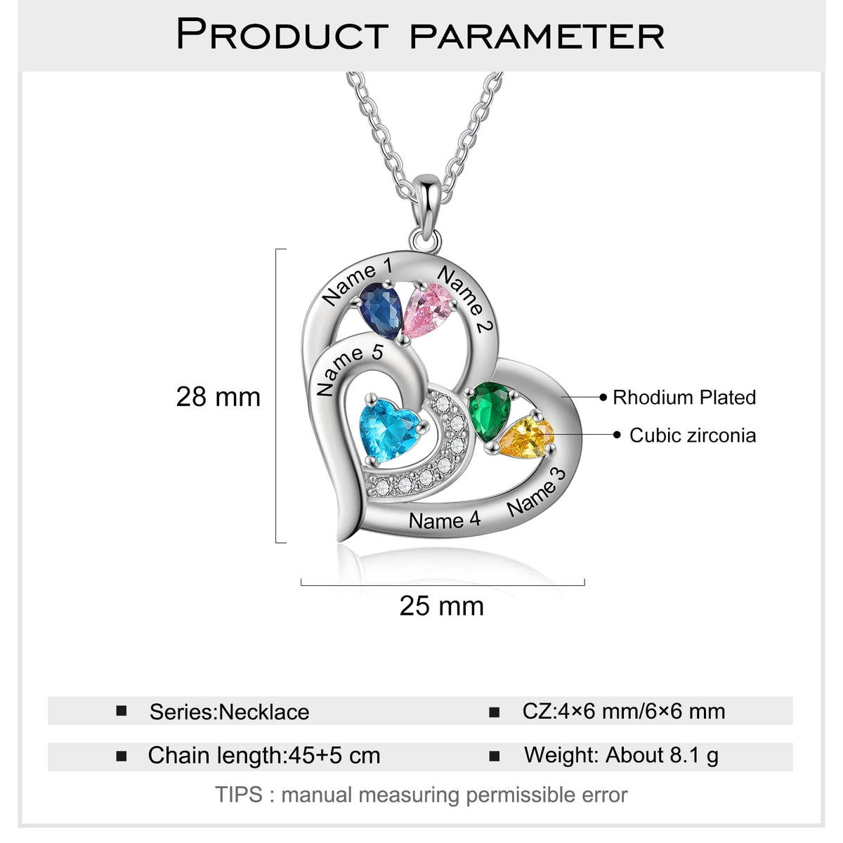 Personalized 1-6 Name Engraving Heart Pendant DIY Birthstone Necklace - MERGE.DAY.1.FREESTYLE