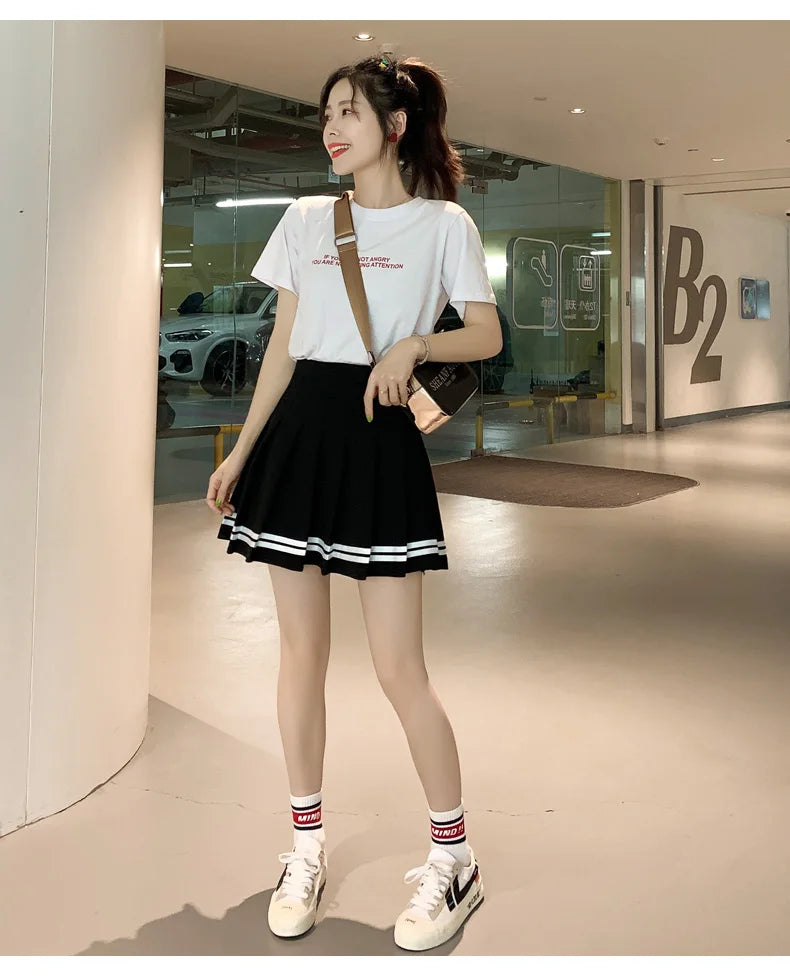 Striped Pleated Elastic Waist Female Sweet Mini Dance Plaid Skirt Y2k - MERGE.DAY.1.FREESTYLE