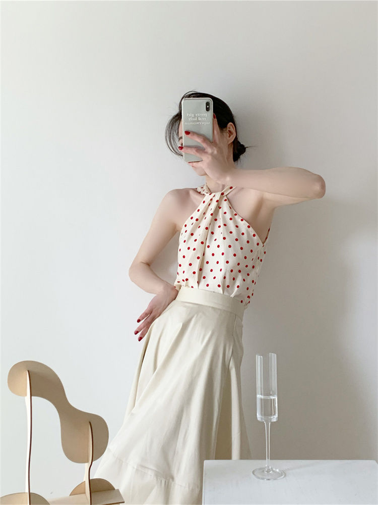 Backless Camis Women Summer Polka Dot Twist Halterneck Vest Female Casual Chiffon Tops - MERGE.DAY.1.FREESTYLE