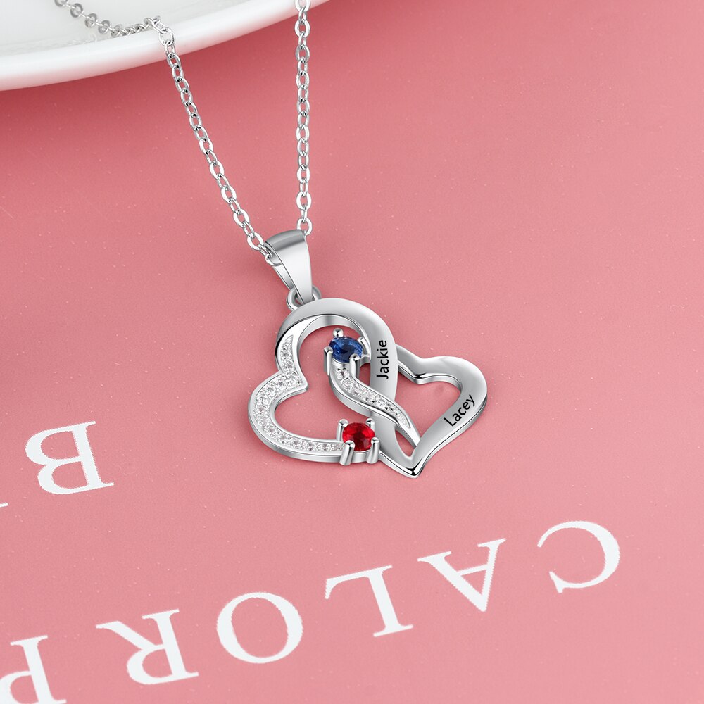 Customized 2 Birthstones Intertwined Heart Necklace Wedding Jewelry - MERGE.DAY.1.FREESTYLE