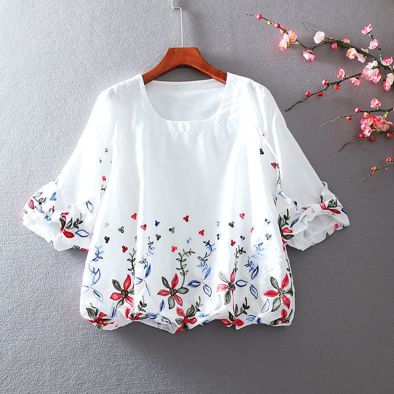 White Chiffon Blouse Short Sleeve Women Stripe Flower Print Top Loose Shirt - MERGE.DAY.1.FREESTYLE