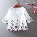 White Chiffon Blouse Short Sleeve Women Stripe Flower Print Top Loose Shirt - MERGE.DAY.1.FREESTYLE