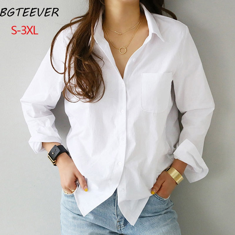 S-3XL Spring One Pocket Women White Blouse Female Shirt Tops Long Sleeve - MERGE.DAY.1.FREESTYLE