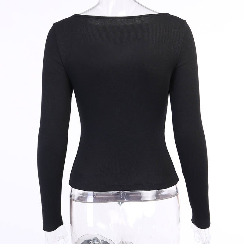 Sexy Hollow Out Slim Fit Long Sleeve Casual Round Neck Shirt Solid Black Tops T Shirt - MERGE.DAY.1.FREESTYLE