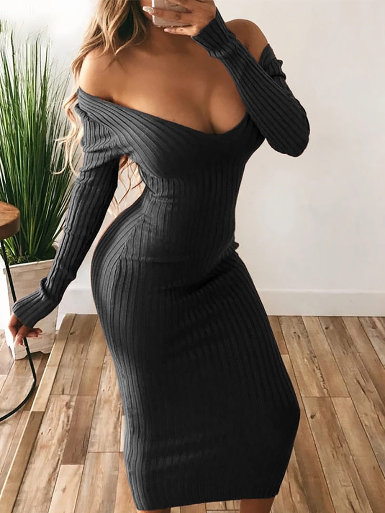 Sexy Bodycon Midi Woman Dress Knitted Long Sleeve V Neck Party Elegant Robe Women's Dresses - MERGE.DAY.1.FREESTYLE