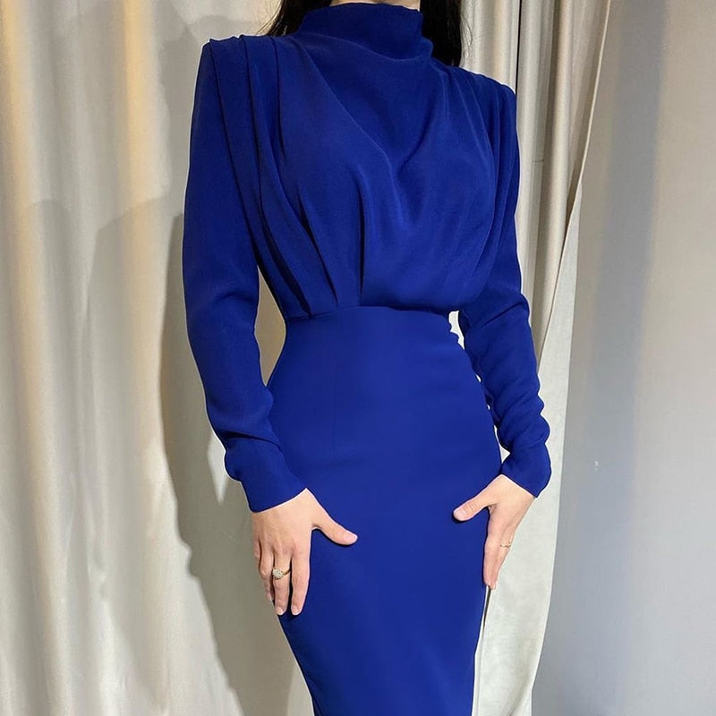 Elegant Women Dress Stand Collar Slim Waist Solid Ankle Length Autumn Long Sleeve Dress - MERGE.DAY.1.FREESTYLE