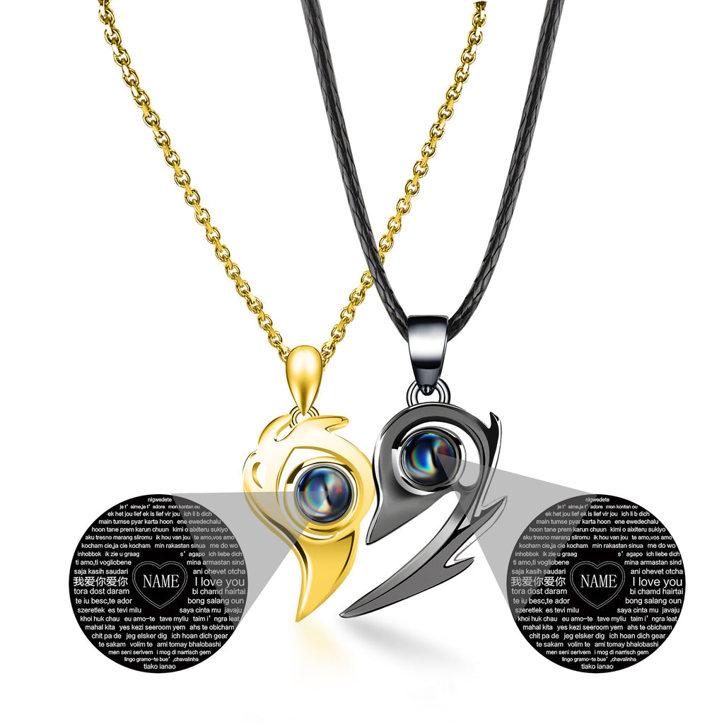 One Pair Magnetic Flame Heart Shaped Custom 100 languages Name Projection Couples Necklaces - MERGE.DAY.1.FREESTYLE