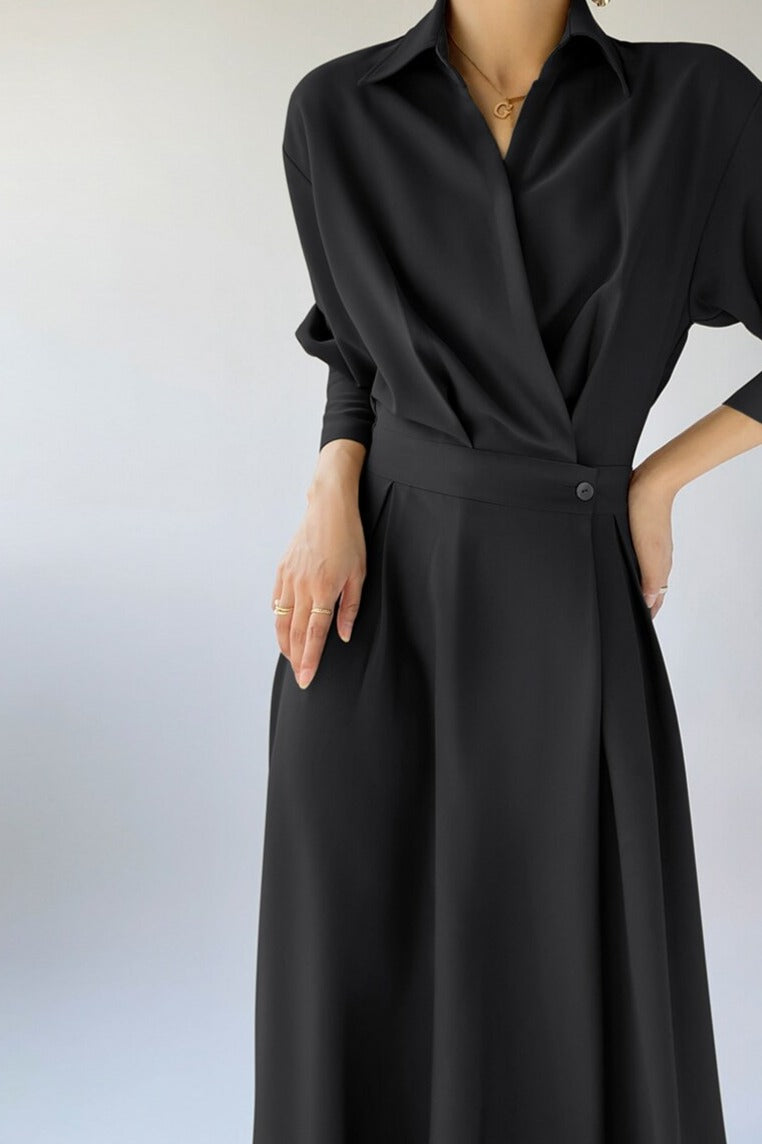 Turn-down Collar Women A-line Dress Long Sleeve Slim Waist Vestidos - MERGE.DAY.1.FREESTYLE