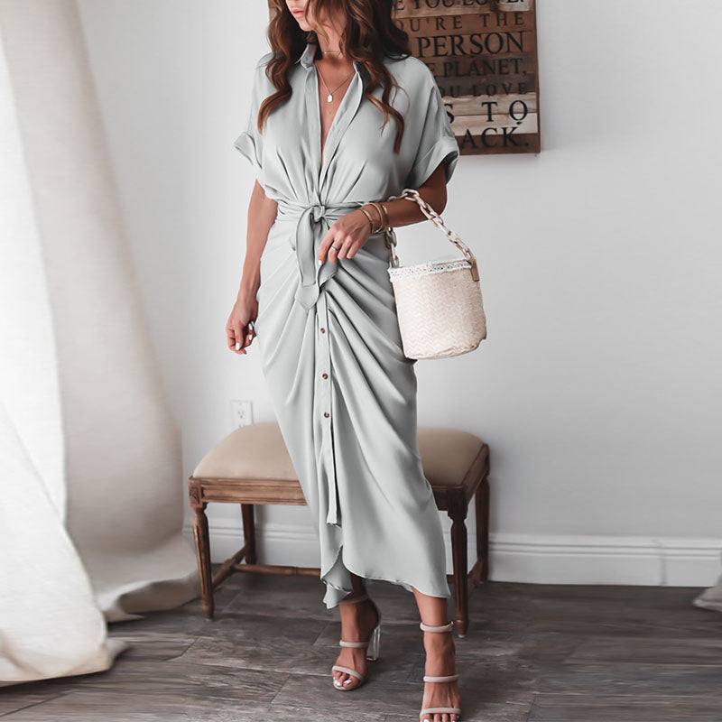 Vestido largo elegante de verano para mujer, de manga corta, con abertura, cuello tipo polo, botones y drapeado para fiesta