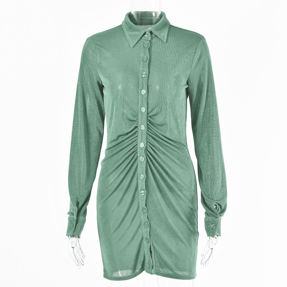 Autumn Ruched Long Sleeve Bodycon Dress Women Turn-Down Collar Sexy Mini Dress Vestidos 2022 - MERGE.DAY.1.FREESTYLE