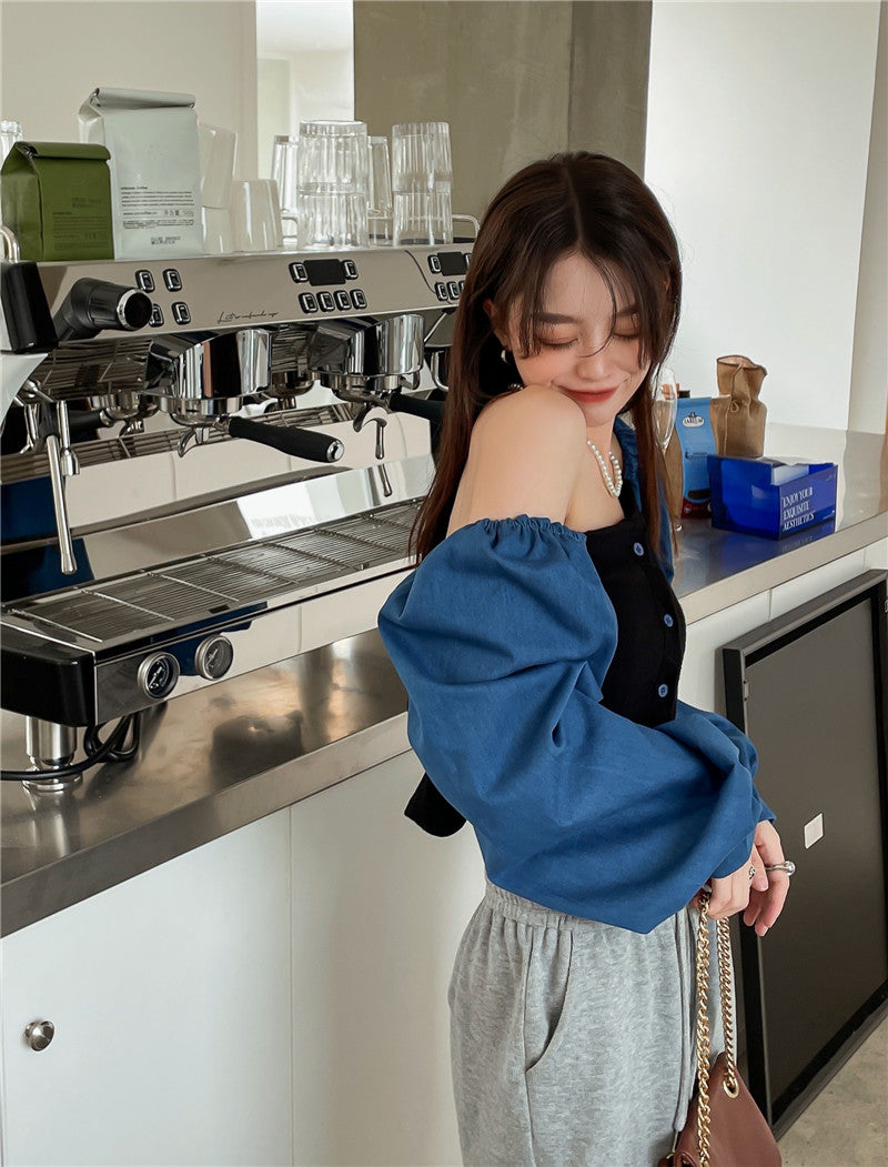 Patchwork Denim Shirts Women French Square Collar Puff Blouses Long Sleeve Crop Tops - MERGE.DAY.1.FREESTYLE