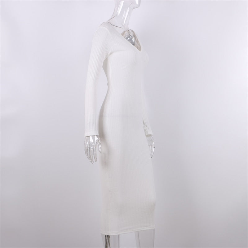 Sexy Bodycon Midi Woman Dress Knitted Long Sleeve V Neck Party Elegant Robe Women's Dresses - MERGE.DAY.1.FREESTYLE