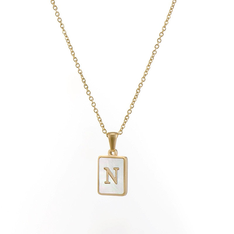 18K Golden Chain Necklaces Male Square Natural Shell Initial Letters Pendant Stainless Steel Jewelry - MERGE.DAY.1.FREESTYLE