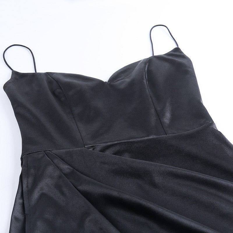 Satin Spaghetti Straps Low Cut Long Dress Women Summer Ruched Side High Split Maxi Dress - MERGE.DAY.1.FREESTYLE