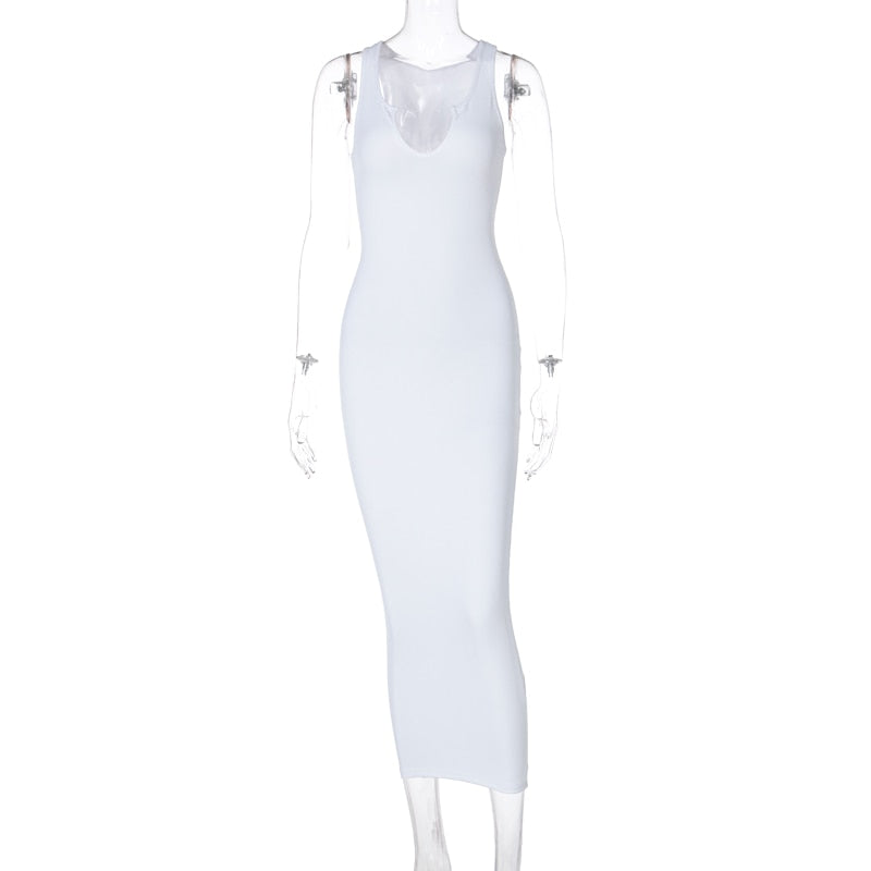 Ribbed Knitted Stripe Women Pure Sleeveless Midi Dress V Neck Bodycon Elegant 2022 Summer - MERGE.DAY.1.FREESTYLE