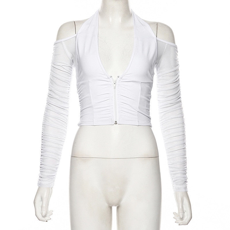 Mesh Shirt Women Tshirt Top Autumn Halter V-neck Off the Shoulder T-shirts Streetwear Top - MERGE.DAY.1.FREESTYLE